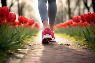 Gartenposter Close up of woman's feet with sport shoes jogging in park with red tulip spring flowers © Firn
