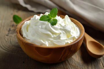 Whipped sour cream or yogurt in a wooden bowl with mint leaves on wooden table