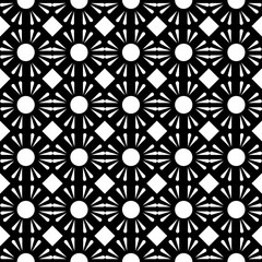 Geometric radiant floral symmetry pattern, seamless black and white background, vector illustration.