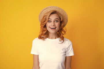 Redhead young beautiful excited amazed woman in straw hat. Summer mood. Portrait of young smiling cheerful caucasian pretty gild ginger hair.