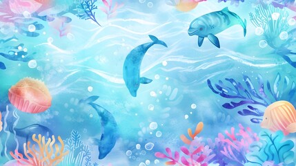 Fototapeta na wymiar watercolor background underwater life seamless pattern.