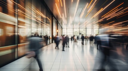 Crowd of business people in motion in a modern office building