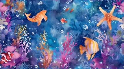 watercolor background underwater life seamless pattern.