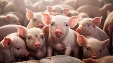 Close-up portrait of many pink newborn piglets in a pig farm. Meat production, animal husbandry and agriculture concepts.