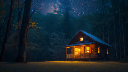 house in the woods,house in the forest, lodge cabin in the woods at night