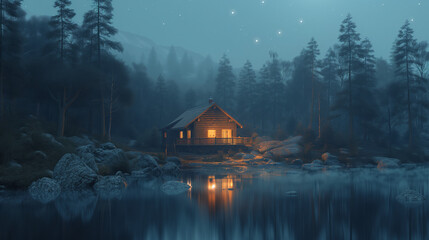 house in the mountains,house in the forest, lodge cabin in the woods at night