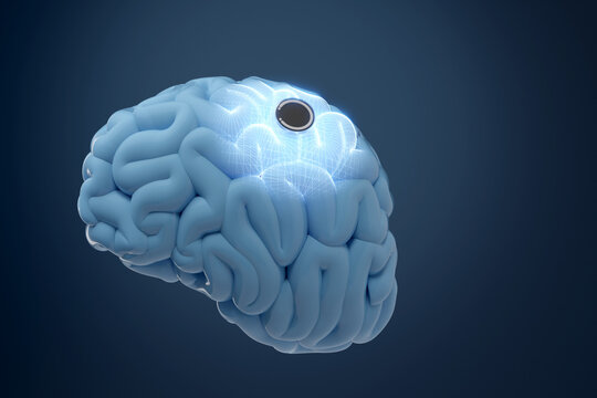 Human brain and implanted chip on blue science background. 3D rendering.