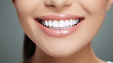 Obraz premium Young woman with perfect white teeth smiling happily at the dentist. Oral hygiene and dental care concept. Stomatology and dentistry background.