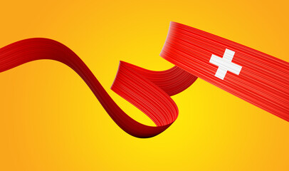 3d Flag Of Switzerland 3d Wavy Shiny Switzerland Ribbon On Yellow Background 3d Illustration