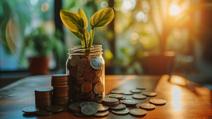 coins in a cup with growhing plant, Personal Budgeting, counting savings, and taxes. Finance management, financial insurance, personal budget concept