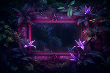 A neon rectangular frame is surrounded by tropical leaves and  exotic plants, a ultraviolet glowing and luminous border ,   creative natural background
