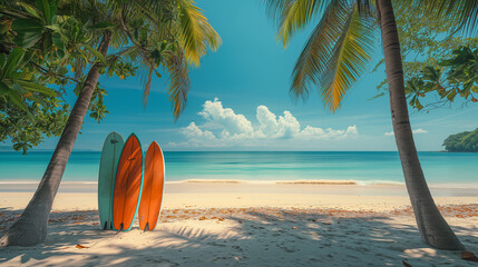 surfboards under a palm tree at the beach in Thailand, beach with palm trees, holiday vacation concept