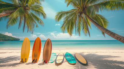 Fototapeta na wymiar beach with palm trees, surfboards under a palm tree at the beach in Thailand