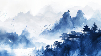 Blue ink landscape painting