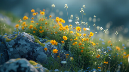 Fototapeta na wymiar field of grass and flowers during Spring, , blooming flowers during Spring
