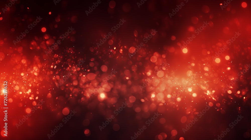 Poster red glowing particles on a dark background with bokeh effect