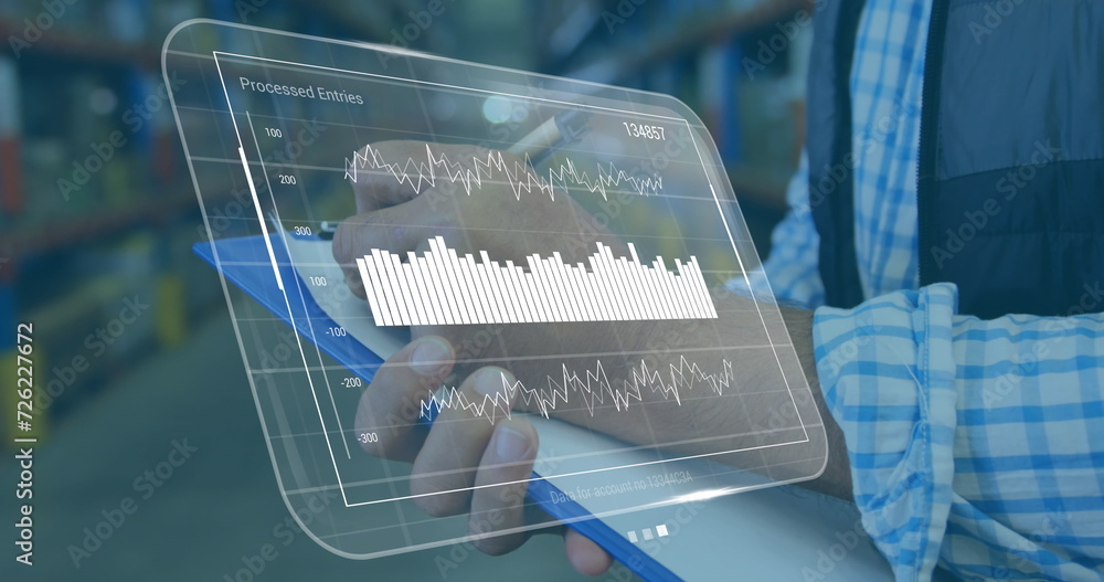 Aufkleber image of data processing on screen over caucasian man working in warehouse