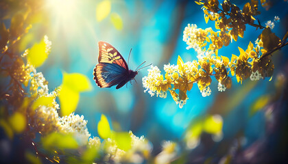 Art Beautiful blurred spring background nature with blooming glade, butterfly and blue sky on a sunny day. Generative AI.
