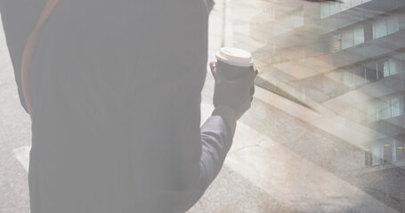 Image of financial data processing over people and cityscape