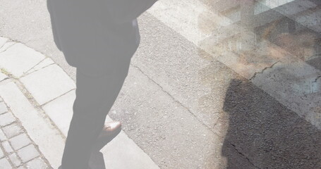 Image of financial data processing over people and cityscape