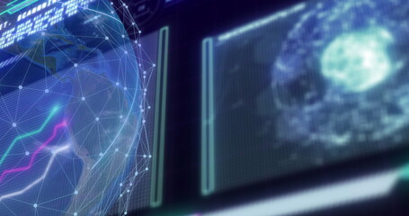 Image of data processing over globe and screens on dark background
