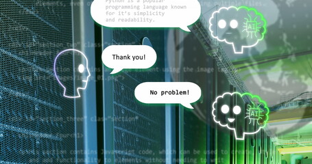 Image of ai chat and globe over computer server room