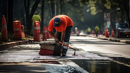Road construction crew applying yellow and white stripes on new asphalt surface