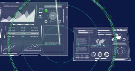 Image of ai data processing over screens and dark background
