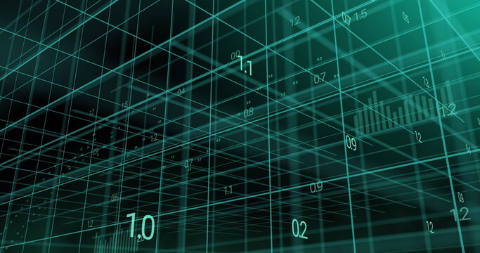 Image of numbers and ai data processing over grid and dark background