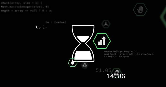 Image of ai data processing over hourglass icon and dark background