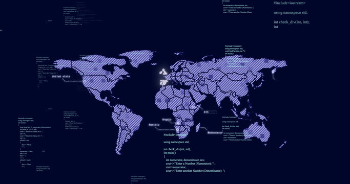 Image of data processing over world map on dark background