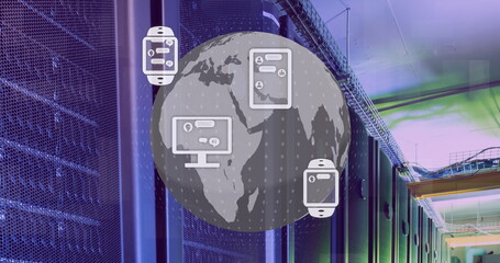 Image of communication icons and globe over computer server room