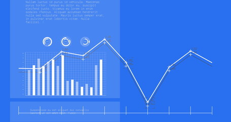 Image of statistics and data processing over blue background