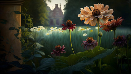 Obraz na płótnie Canvas Art flowers in the morning in an English park. Generative AI.