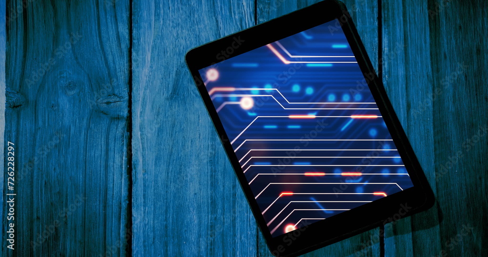 Poster image of tablet with data processing on blue background