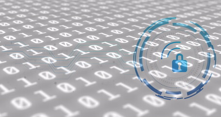 Image of padlock icon over data processing on white background