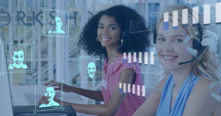 Image of biometric photos and data over diverse business people in office