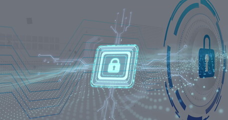 Image of padlock icon over data processing on black background