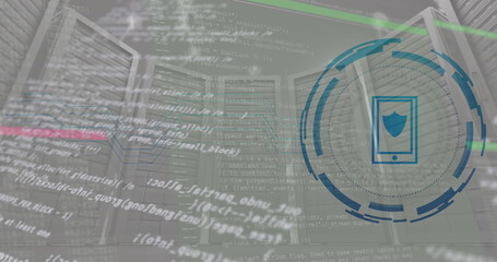 Image of smartphone icon over data processing and servers
