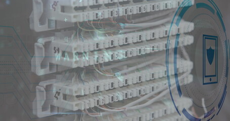 Image of smartphone icon over data processing and server