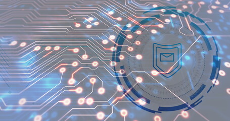Image of shield icon over data processing on black background