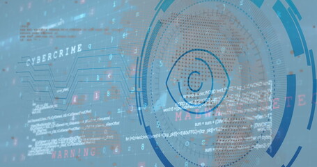 Image of eye icon over data processing on blue background