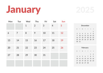 Calendar Template of January 2025. Vector layout simple calendar with week start Monday.