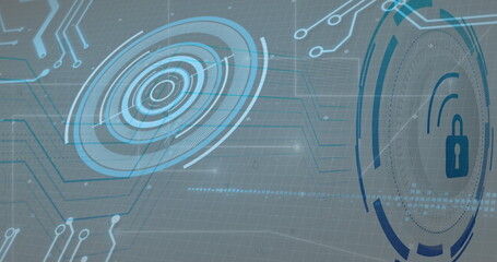 Image of padlock icon over data processing on black background