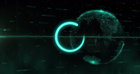 Image of circle with data processing over globe and dark background