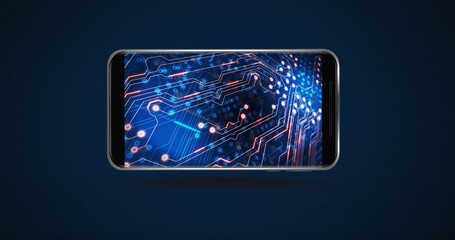 Image of smartphone with data processing on blue background