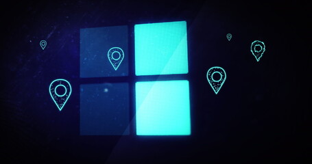 Image of location pins, loading squares with data processing over black background