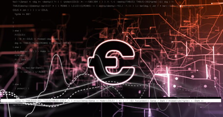 Image of data processing and euro symbol over black background