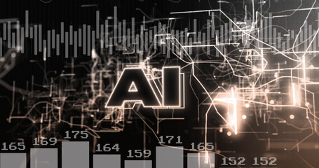 Image of ai text over data processing on black background