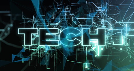 Image of tech text over data processing on black background